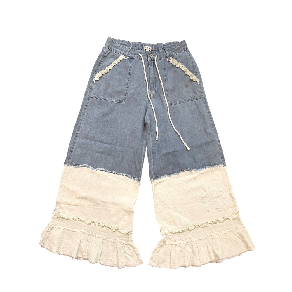 POL Wide Leg Pants Womens L Blue Cream Cotton Boho Ruffle Festival Cottagecore - Picture 3 of 13